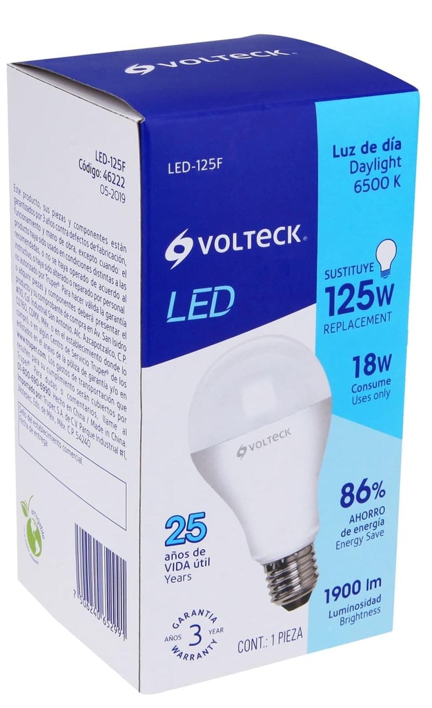 FOCO LED LUZ DIA A19 DE 18W VOLTECK