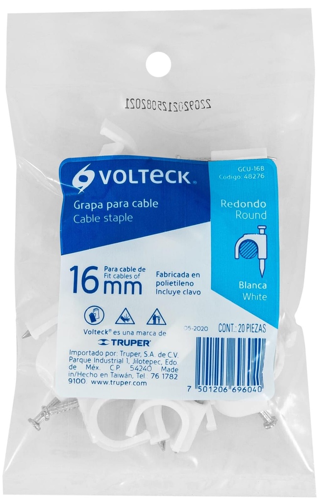 GRAPA CURVA PARA CABLE DE 16MM BLANCO VOLTECK