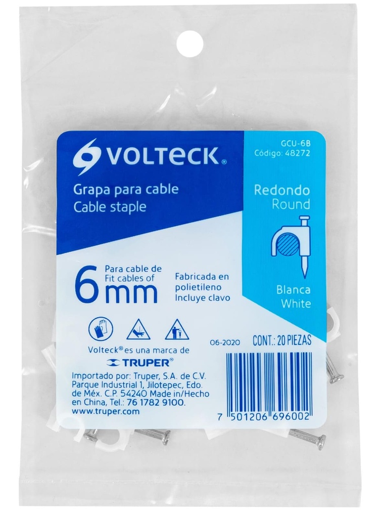 GRAPA CURVA PARA CABLE DE 6MM BLANCO VOLTECK