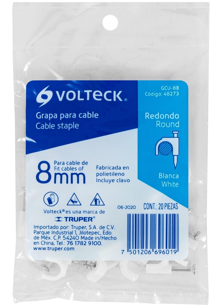 GRAPA CURVA PARA CABLE DE 8MM BLANCO VOLTECK