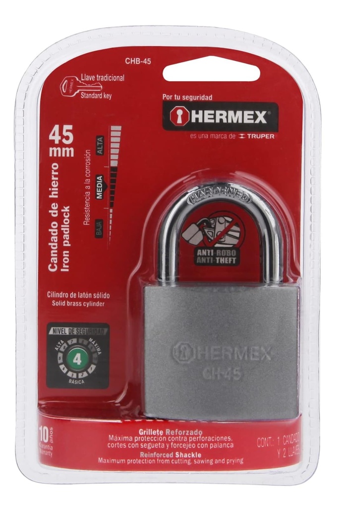 CANDADO DE HIERRO EN BLISTER 45MM HERMEX
