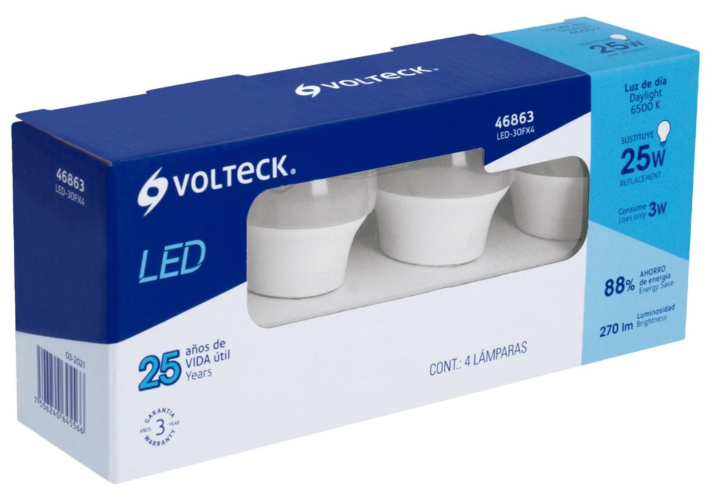 LAMPARA LED A19 3W E27 LUZ DIA 4 PZS VOLTECK