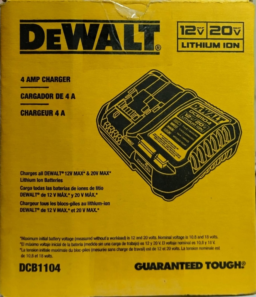 CARGADOR DE BATERIA 12V A 20V CARGA RAPIDA 4A. DEWALT