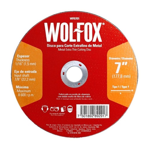[WF0701] DISCO CORTE METAL EXTRA FINO WOLFOX 7 X 1.5MM