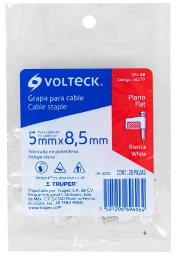 [48278] GRAPA PLANA PARA CABLE DE 8MM BLANCO VOLTECK